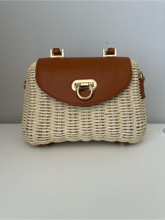 Handbags - Woven Straw Crossbody Bag with Brown Leather Flap